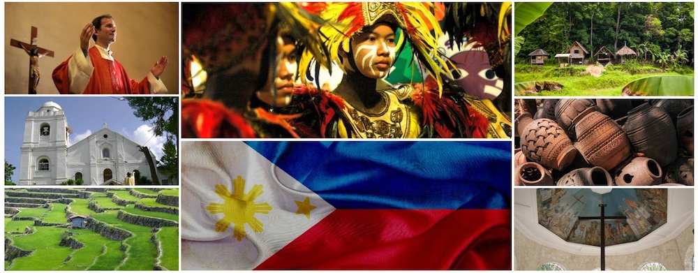 Philippine culture and history—traditional dancers in colorful attire performing against a backdrop of historic Spanish-era churches and indigenous heritage.